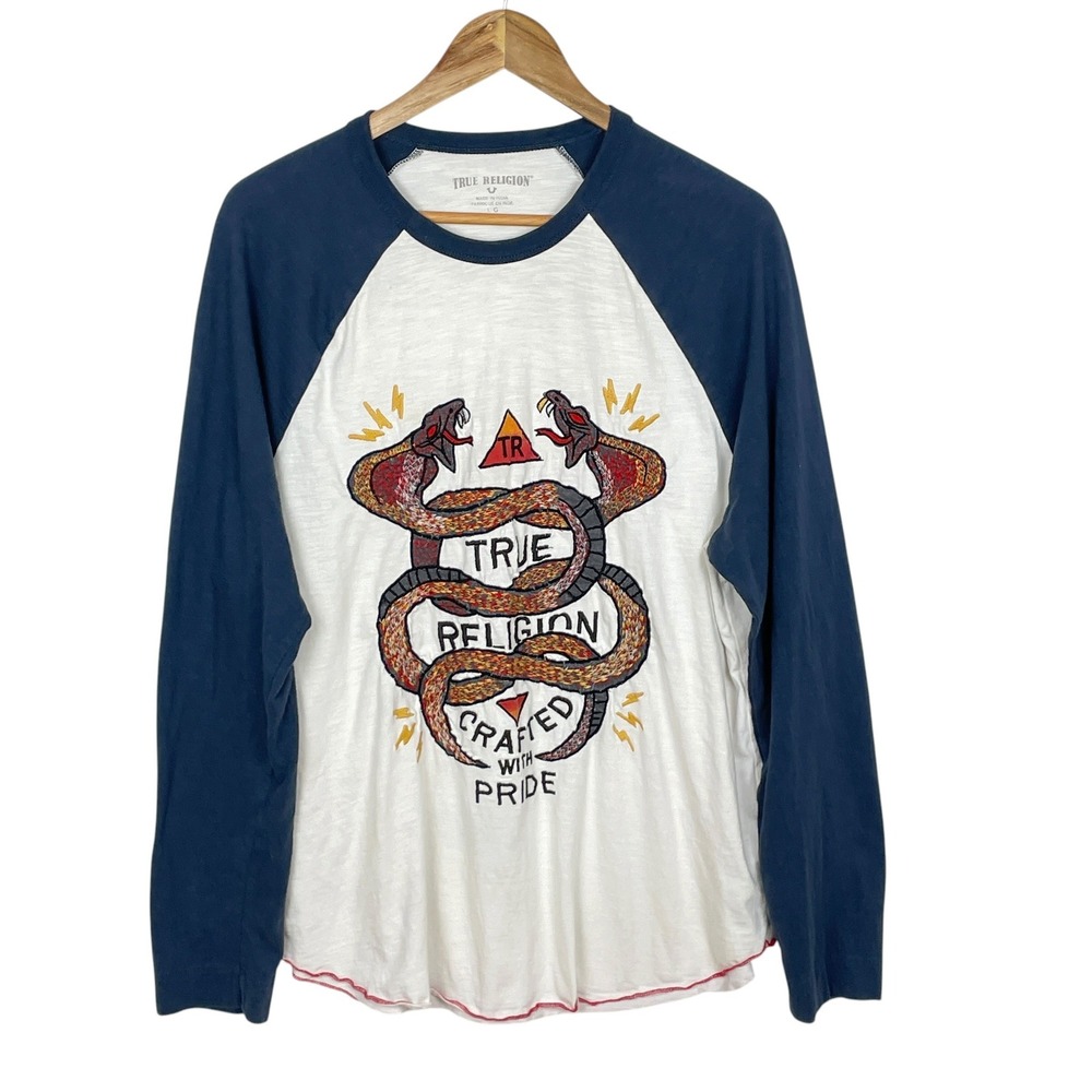 Y2K True Religion Snake Embroidered Graphic T Shirt Men L Streetwear Grunge Logo